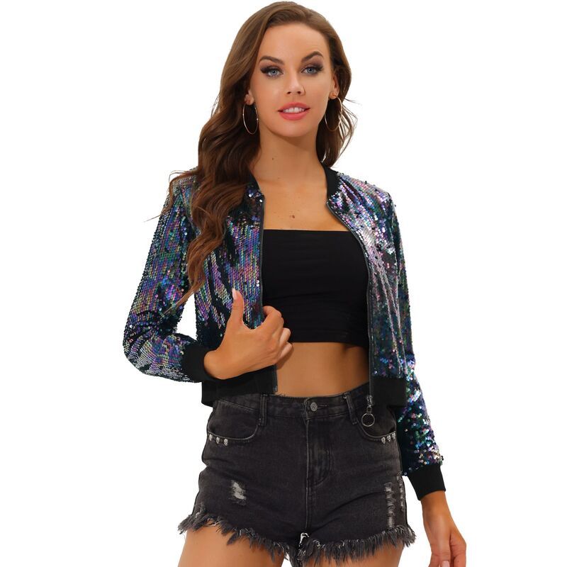 アレグラ ケー レディース アウター ジャケット・ブルゾン スパンコール クロップド ALLEGRA K Womensequin Party Long Sleeve Zipper Up Cropped Bomber Jacket Black Rainbow ブ