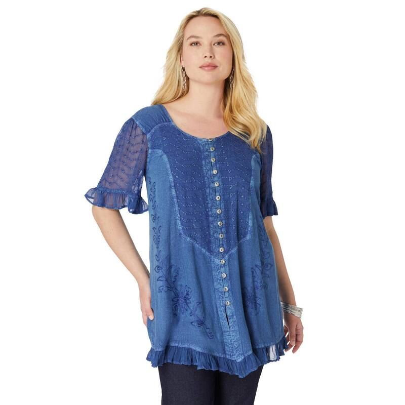 ロアマンズ レディース トップス Tシャツ プラスサイズ Roamans Womens Plusize Acid Wash Tunic Dark Blue ブルー