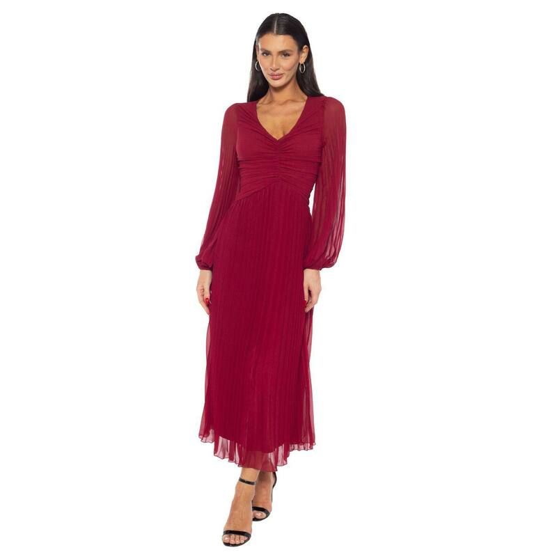マリナ レディース トップス ワンピース Vネック プリーツ Womens Marina VNeck Pleatedress with Long Sleeves Wine ワイン