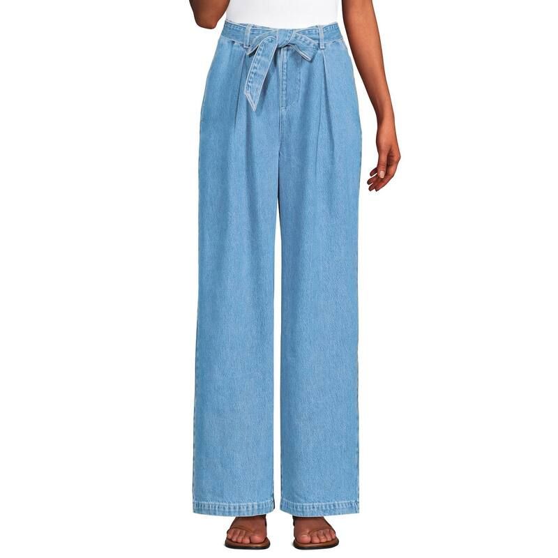 ランズエンド レディース ボトムス カジュアルパンツ ワイドレッグ プチ プリーツ Petite Lands End High Ridge Twill Pleated Wide Leg Pants Hutton Blue Wash ブルー