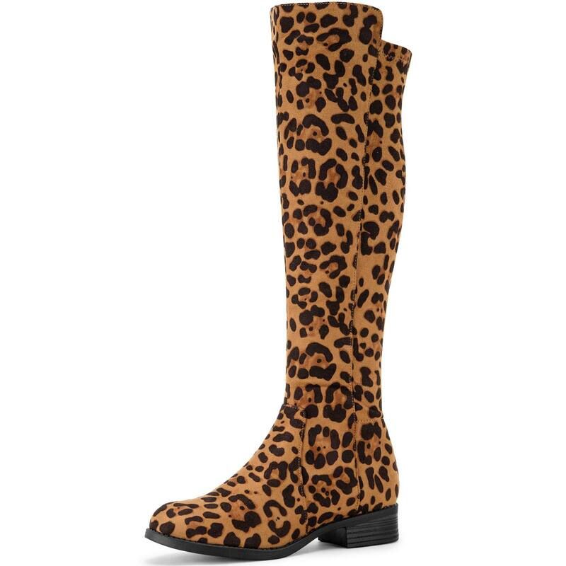 アレグラ ケー レディース シューズ ブーツ・レインブーツ ヒール ALLEGRA K Womenside Zipper Chunky Heels Knee High Boots Leopard アニマル