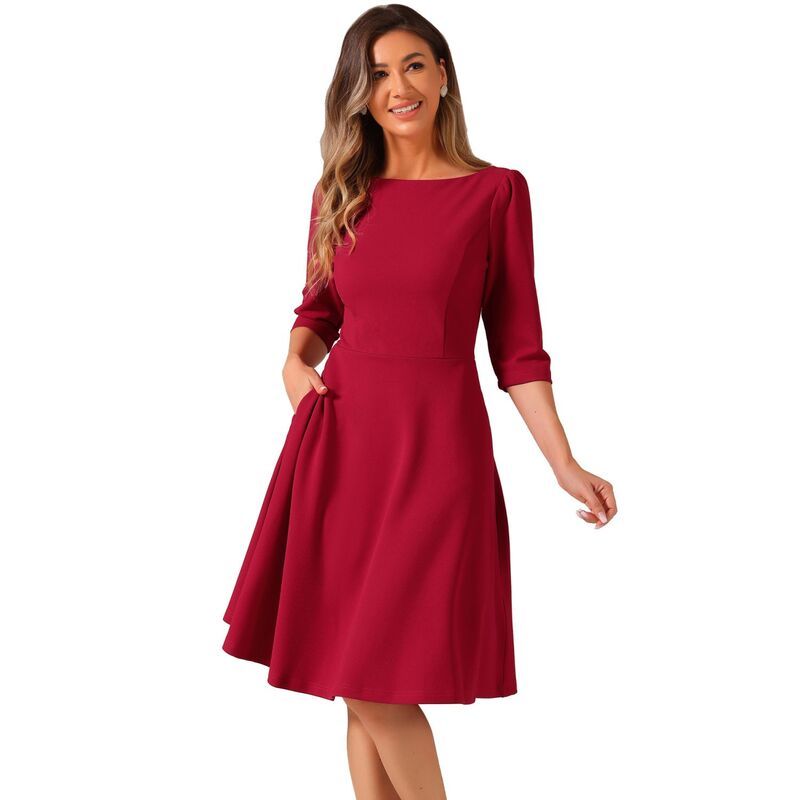 アレグラ ケー レディース トップス ワンピース ミディ ALLEGRA K Wear To Work Dress For Womens Boat Neck Short Sleeves Midi Flared Office Dresses Red レッド