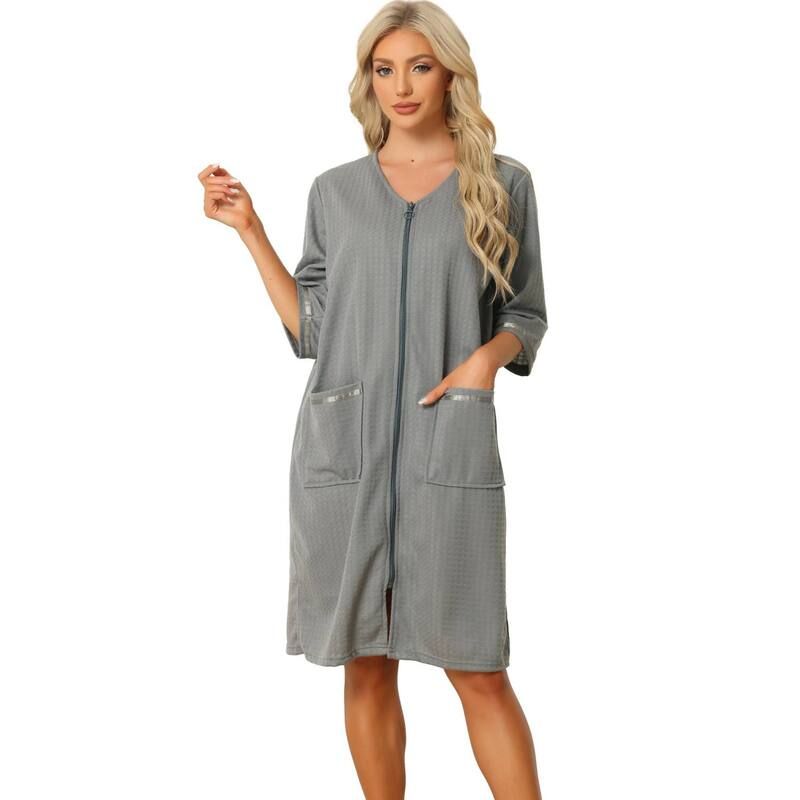 cheibear レディース アンダーウェア ナイトウェア cheibear Womens Waffle Pajama 34 Sleevespa Bathrobe Loungewear Zipper Up Robes Gray グレー