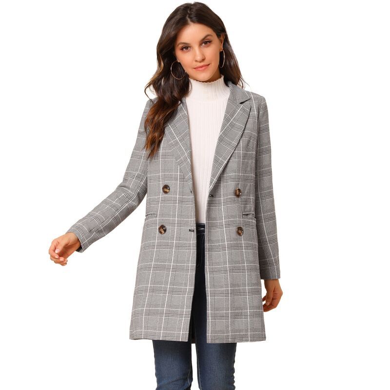 アレグラ ケー レディース アウター ジャケット・ブルゾン ブレザー ALLEGRA K Womens Notched Lapelong Sleeves Double Breasted Plaid Blazer White Black ホワイト