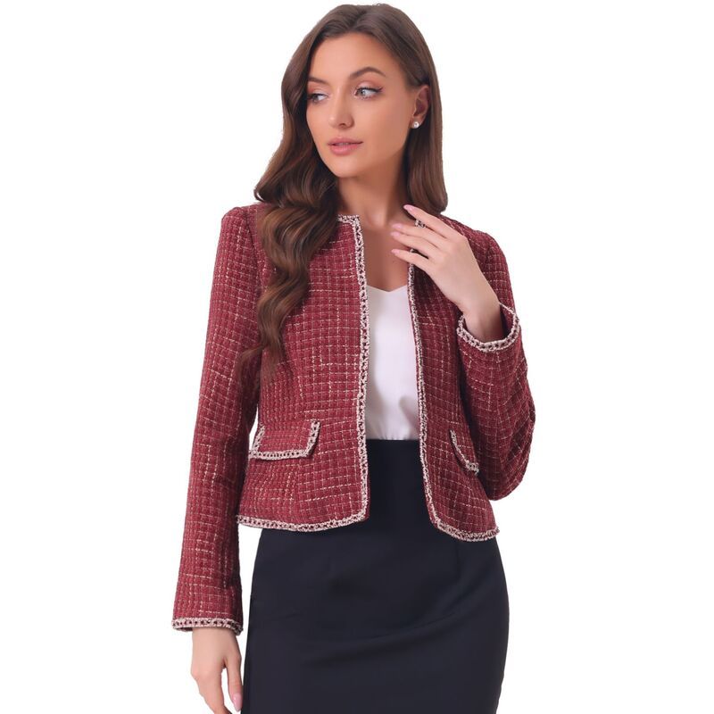 アレグラ ケー レディース アウター ジャケット・ブルゾン ツイード ブレザー ALLEGRA K Womens Plaid Tweed Open Front Office Short Blazer Burgundy バーガンディ
