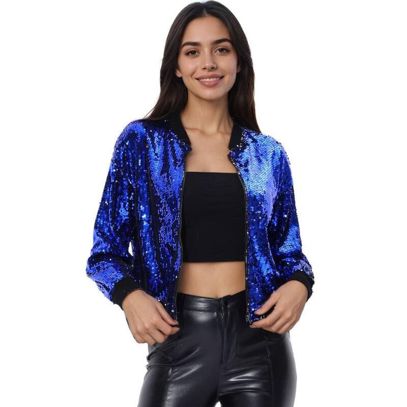 アレグラ ケー レディース アウター ジャケット・ブルゾン クロップド ALLEGRA K Womens Glitter Cropped Long Sleeve Zipper Bomber Jacket Blue ブルー