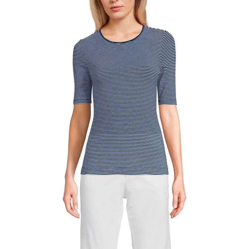 ランズエンド レディース トップス Tシャツ クルーネック プチ コットン Petite Lands End Lightweight Cotton Modal Elbow Sleeve Crew Neck Tee Deep Sea Navy Stripe ネイ