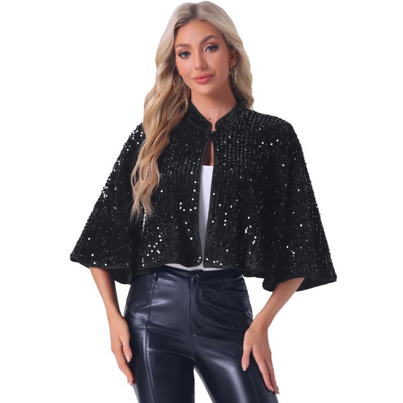 アレグラ ケー レディース アウター ニット・セーター ケープデザイン スパンコール キャップ ケープ ALLEGRA K Sequin Bolero Shrug for Womens Velevet Cape Bridal Cover Up Evening