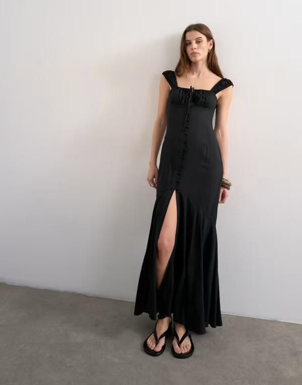 トップショップ レディース トップス ワンピース キャップ マキシ Topshop button front cap sleeve maxi sundress Black ブラック
