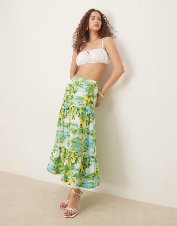 ノーバディーズ チャイルド レディース ボトムスカート ティアード プリント リネン Nobodys Child Summer tiered linen skirt in lemon scenic print Multi マルチカラー