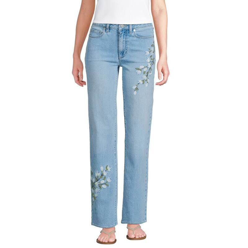 ランズエンド レディース ボトムス デニムパンツ ストレートール 刺繍 ジーンズ Womens Tallands End Mid Rise Relaxed Straight Leg Embroidered Jeans Embroidered Blu Wash