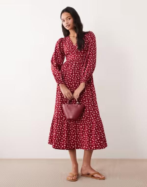 ウェンズデーガール レディース トップス ワンピース フラワー柄 フラワー Wednesdays Girlong sleeve wrap midaxi dress floral Burgundy バーガンディ