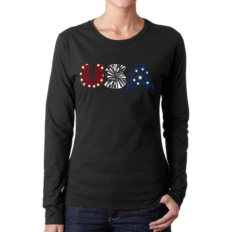 エルエーポップアート レディース トップス Tシャツ LA Pop Art Usa Fireworks Womens Word Art Long Sleeve Tshirt Black ブラック