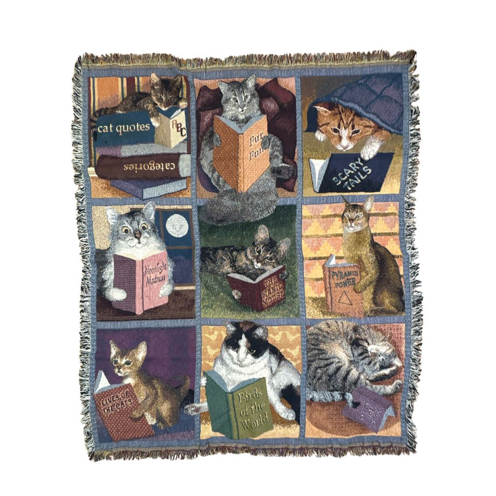 vintageラグ ブランケット マルチカバー タペストリー ネコ アニマル キャット 本 Rug Blanket Cat Book 2867