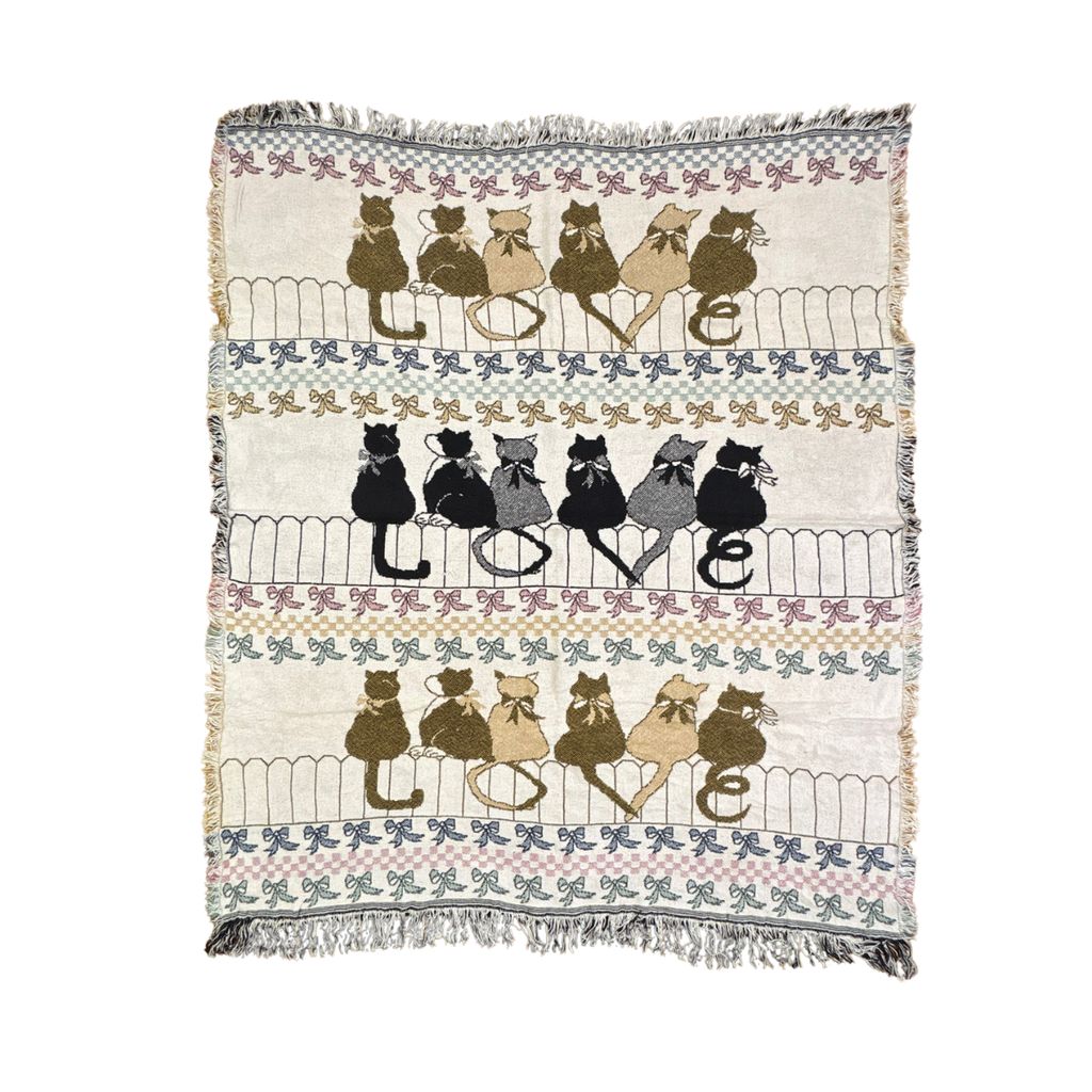 vintageラグ ブランケット マルチカバー タペストリー ネコ キャット リボン アニマル Rug Blanket Ribbon Cat 2872