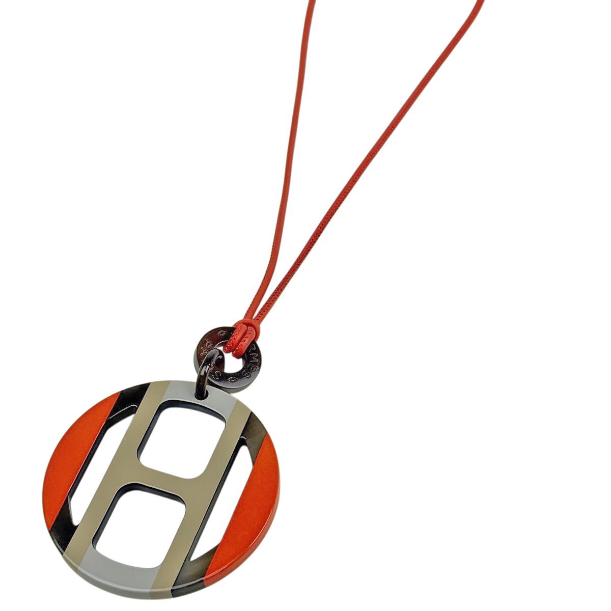 エルメス HERMES Hエキップ ネックレス ペンダント バッファローホーン レザー ベージュ レッド 【中古】