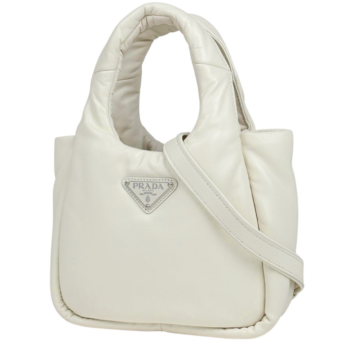 プラダ PRADA ロゴプレート ハンドバッグ 2WAY ショルダーバッグ パデッド レザー ホワイト 1BA359 レディース 【中古】