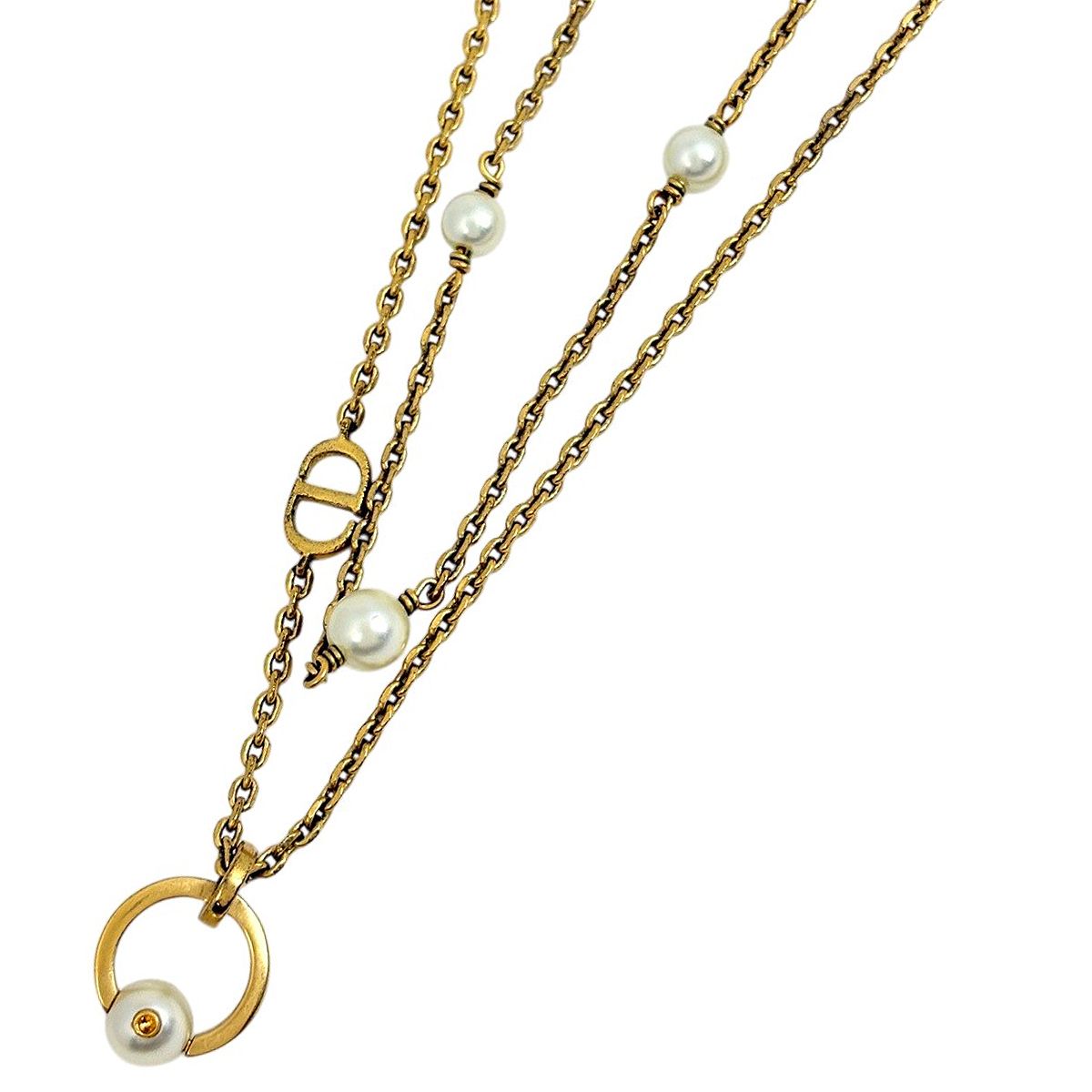 クリスチャンディオール Christian Dior ロゴ フェイクパール ネックレス ２連 GP ゴールド レディース 【中古】