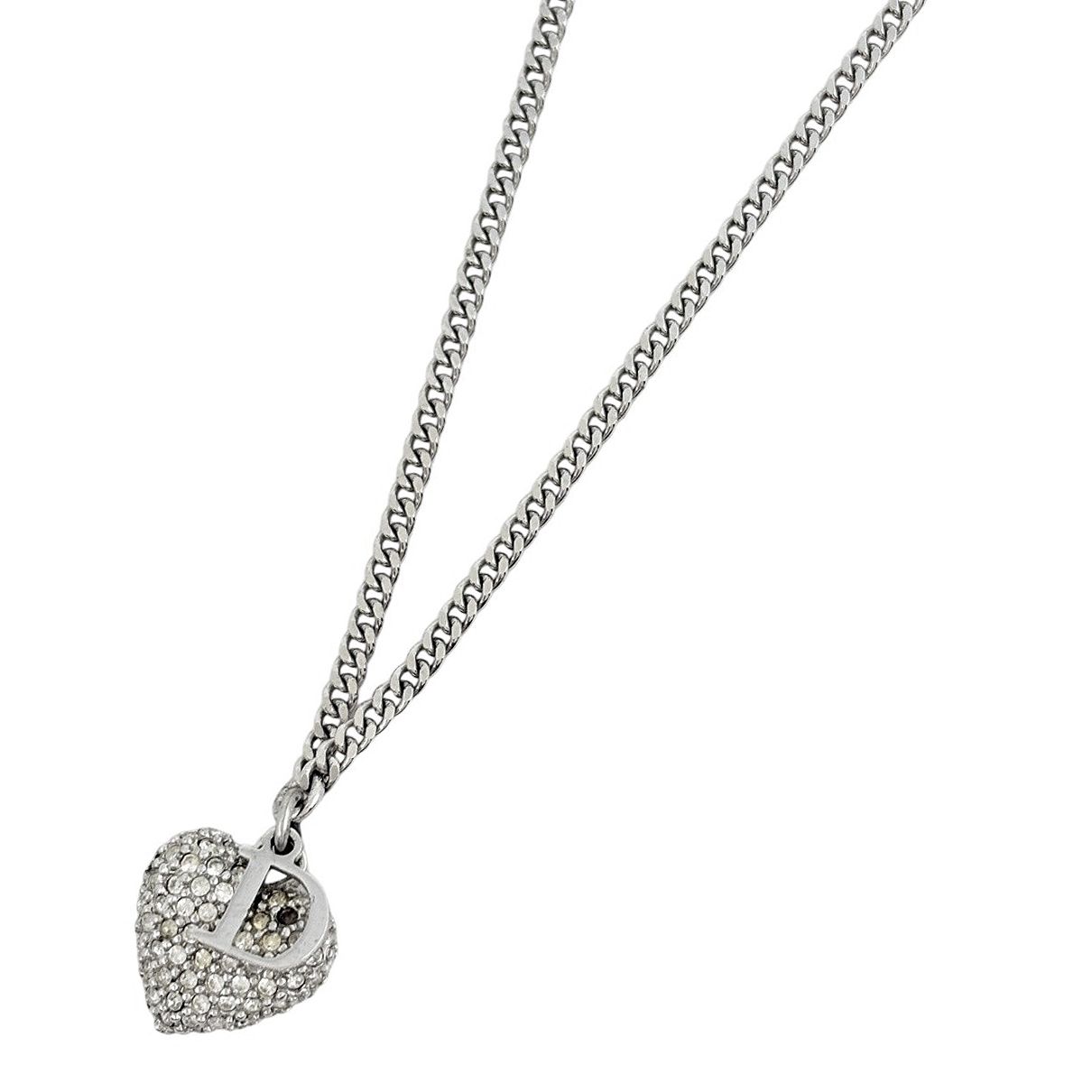 クリスチャンディオール Christian Dior ロゴ ラインストーン ネックレス クローバー シルバーメッキ シルバー レディース 【中古】