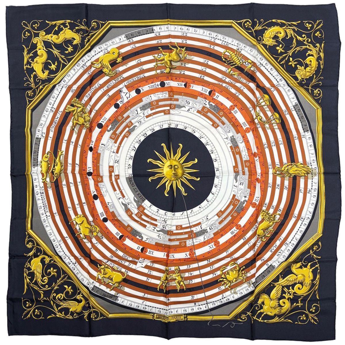 エルメス HERMES カレ90 DIES ET HORE 占星術 太陽 スカーフ シルク ブラック ホワイト ブラウン レディース 【中古】