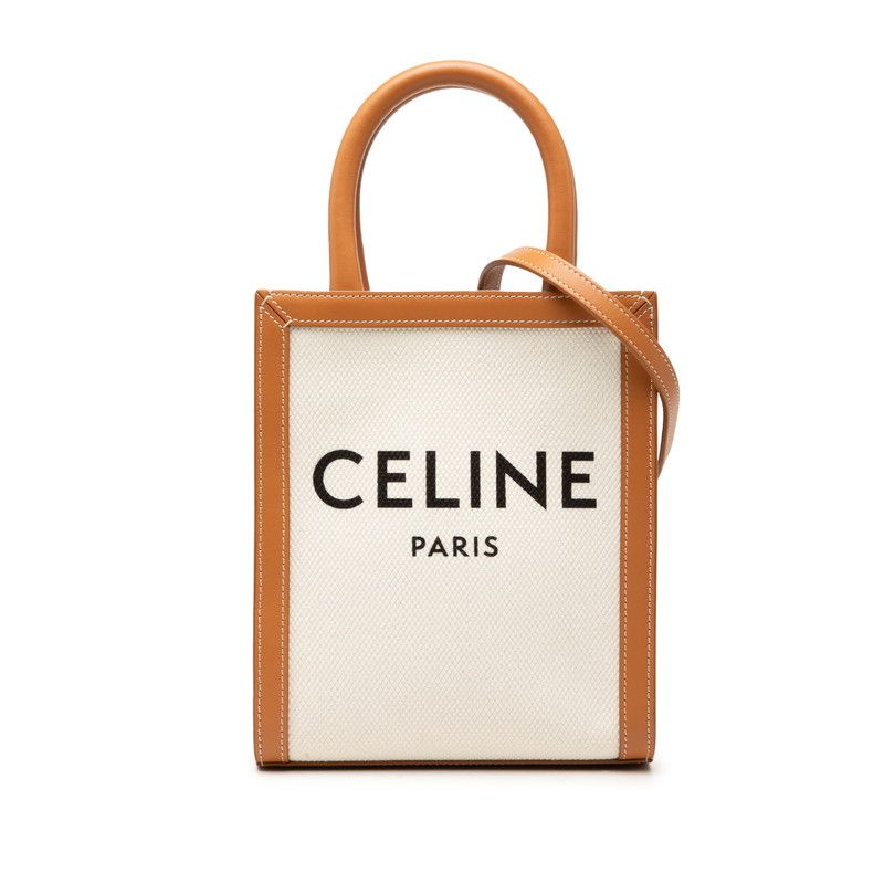 セリーヌ バーティカルカバ ハンドバッグ ショルダーバッグ 2WAY ホワイト ブラウン キャンバス レザー レディース CELINE【228-74529】