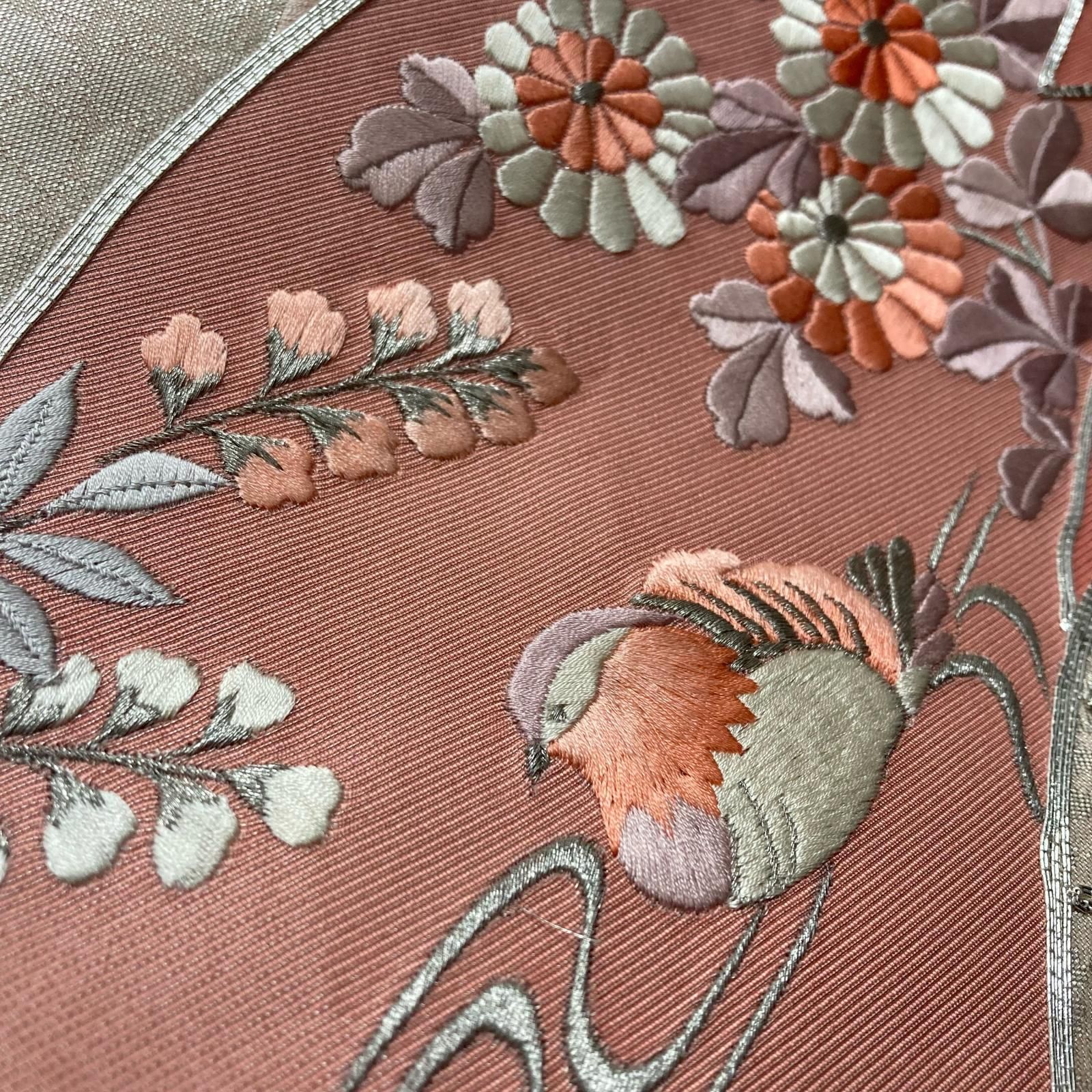 名古屋帯 刺繍 扇に鳥に花 九寸 正絹 着物 MA-8499 - メルカリ