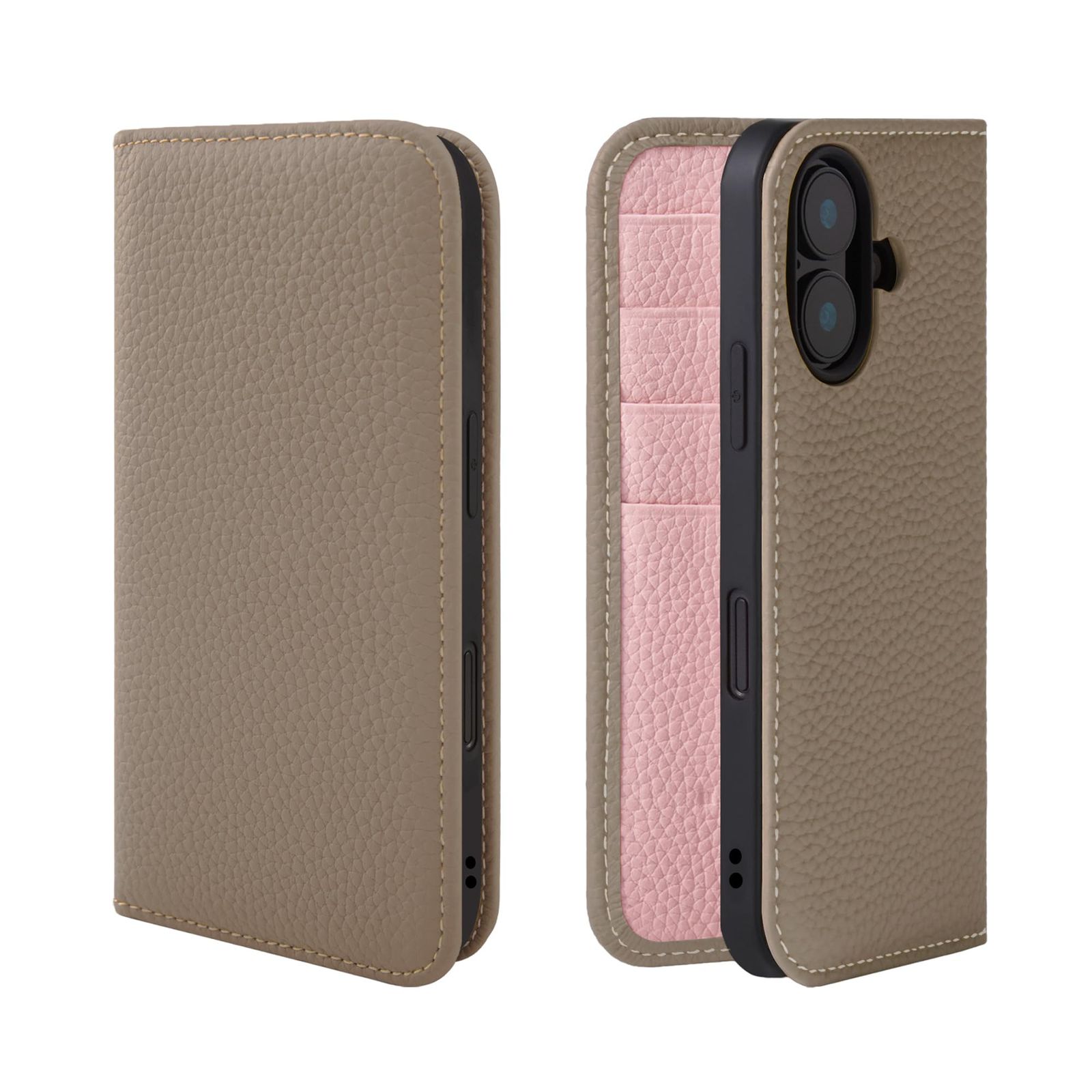 HANATORA for iPhone 17 ケース 手帳型 本革 スマホケース スマホ スタンド コードホルダー 付き シュリンクカーフレザー マグネットなし グレージュ + ピンク PH-17-Grege-PK ギフト 誕生日 女性 男性 彼女 お母さん