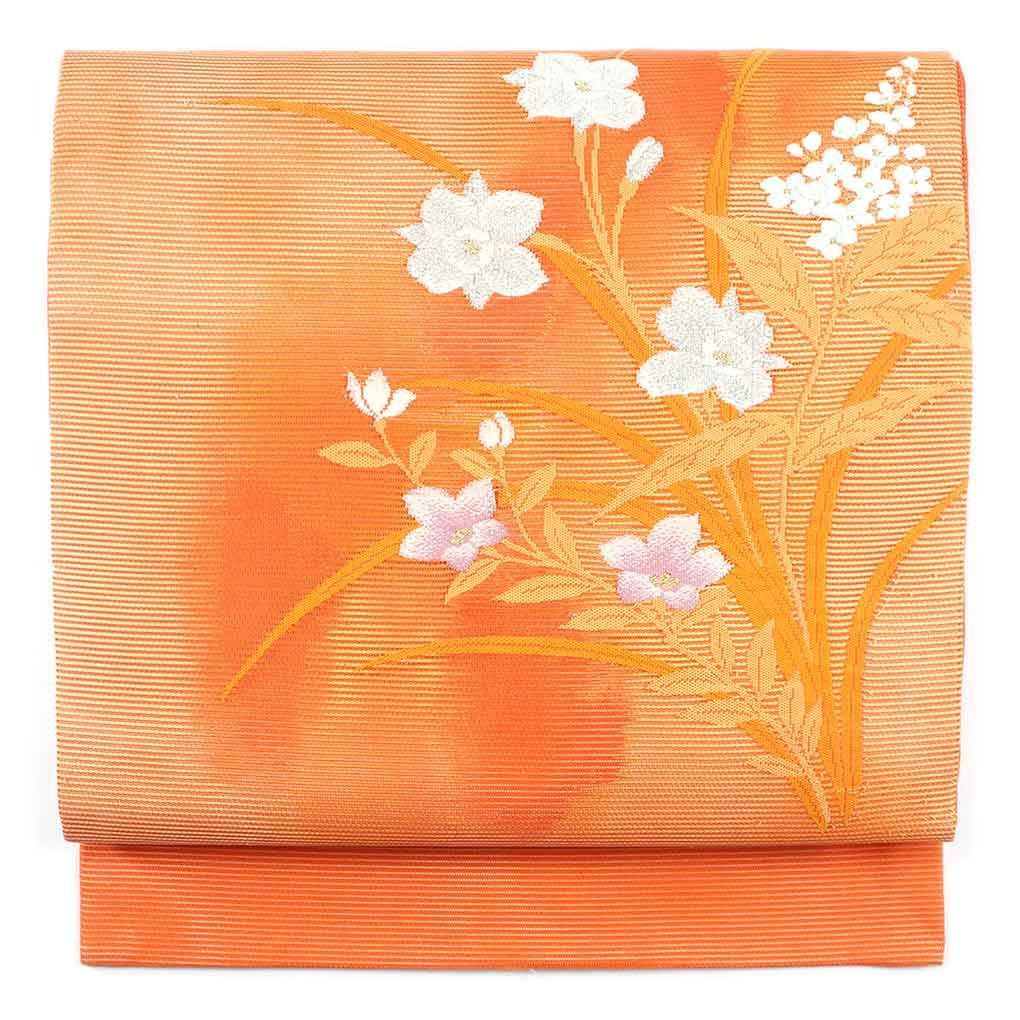名古屋帯 幅31cm 長さ360cm レディース 花柄 夏用 正絹（シルク）オレンジ 美品 リメイク リユース リサイクル【呉服のきくや】