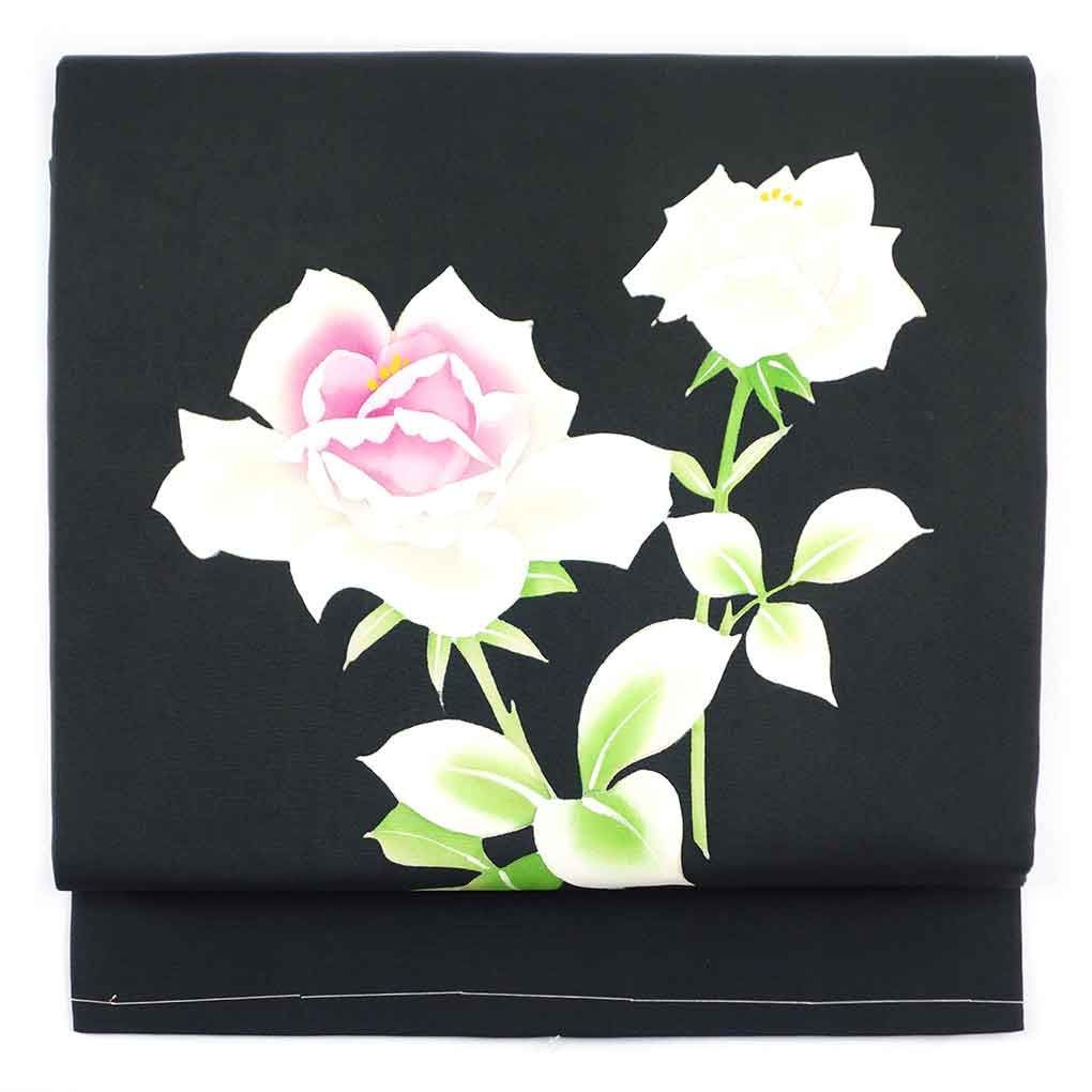名古屋帯 幅30cm 長さ365cm レディース 薔薇柄 秋冬春用 正絹（シルク）ブラック やや難 塩瀬 リメイク リユース リサイクル【呉服のきくや】