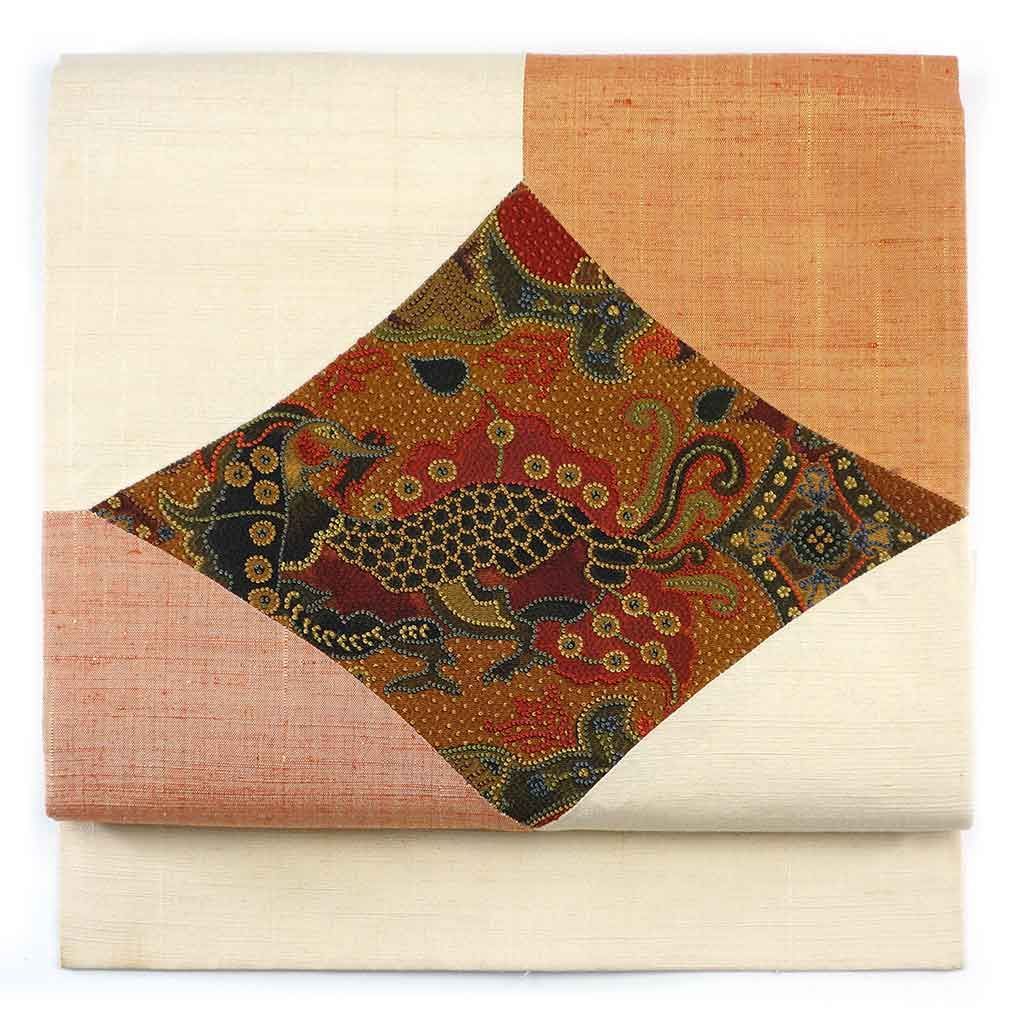名古屋帯 幅30cm 長さ355cm レディース 相良刺繍 秋冬春用 正絹（シルク）ホワイト やや難 リメイク リユース リサイクル【呉服のきくや】