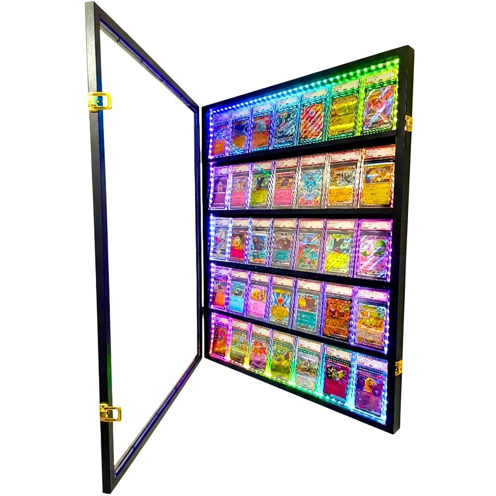heizi PSA トレカ ディスプレイケース トレーディングカード 壁掛け カード コレクションケース 収納 棚 (タテ 35枚 LED)