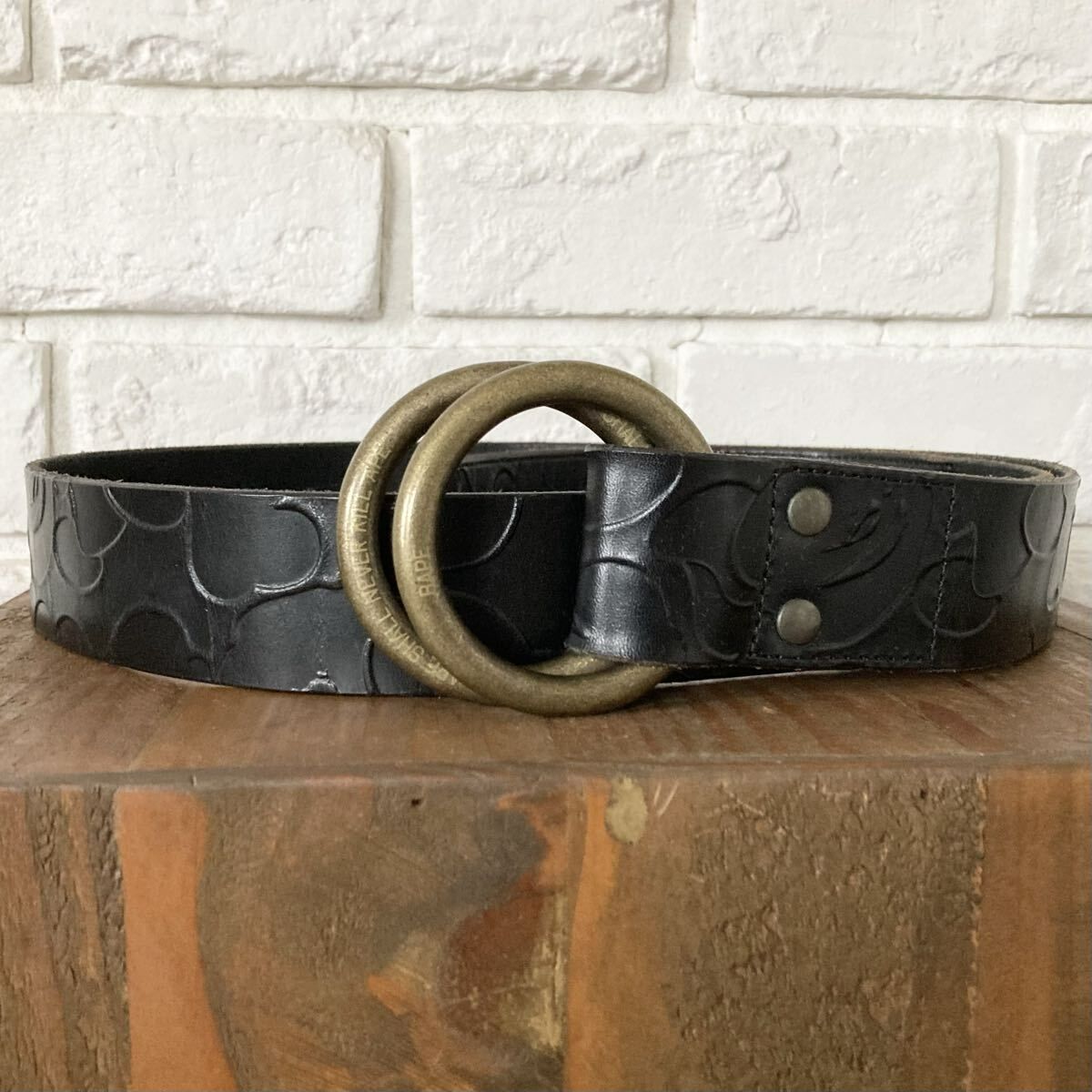 BAPE CAMO 型押し レザー Wリング ベルト ブラック a bathing ape leather belt エイプ ベイプ アベイシングエイプ 本革 NIGO y54