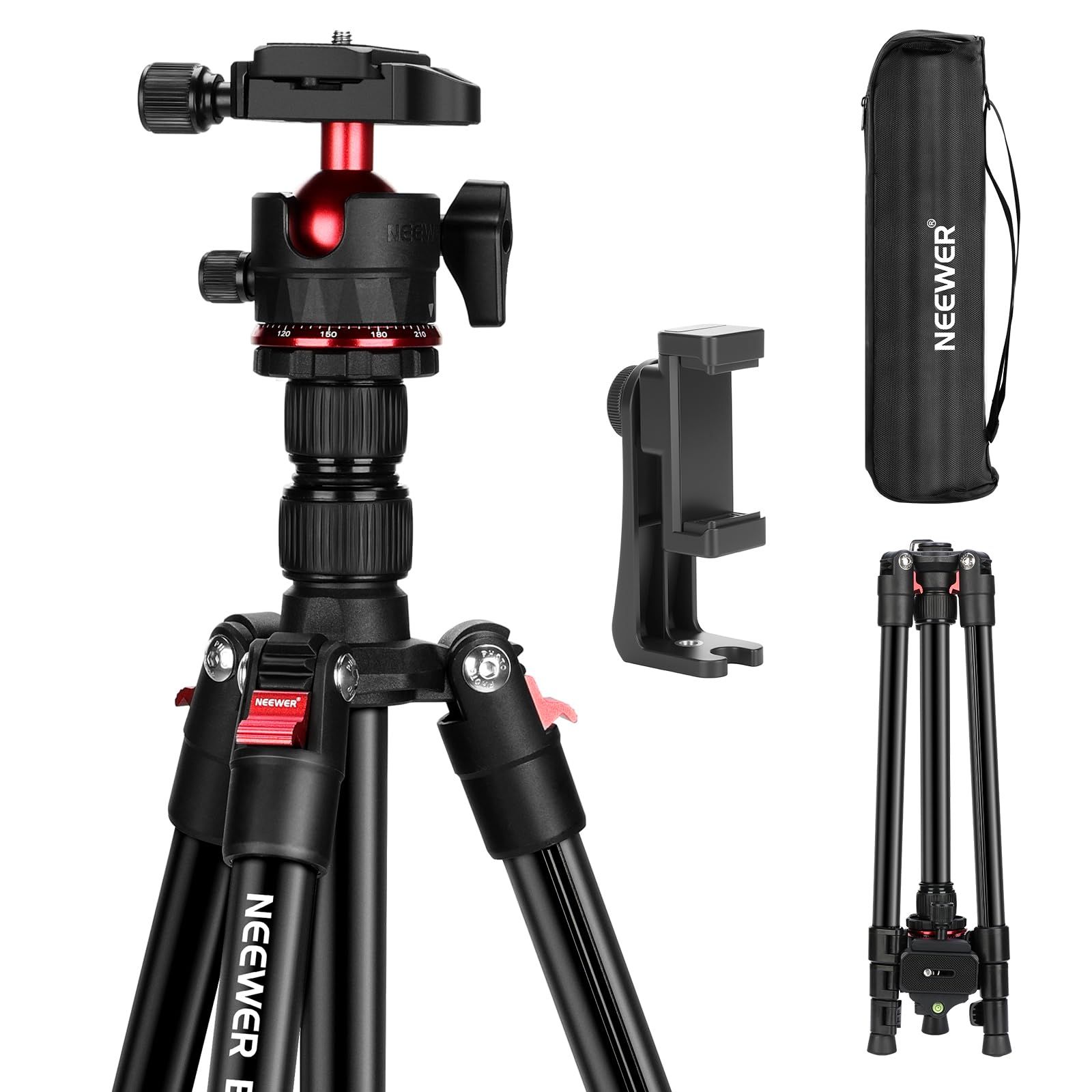 特価商品 NEEWER BASICS カメラ三脚 トラベル三脚 182cm コンパクト 軽量 ポータブルDSLRカメラスタンド ボールヘッド/アルカ型QRプレート/スマホホルダー付き iPhone対応 ビデオ録画用 最大荷重6kg TP14