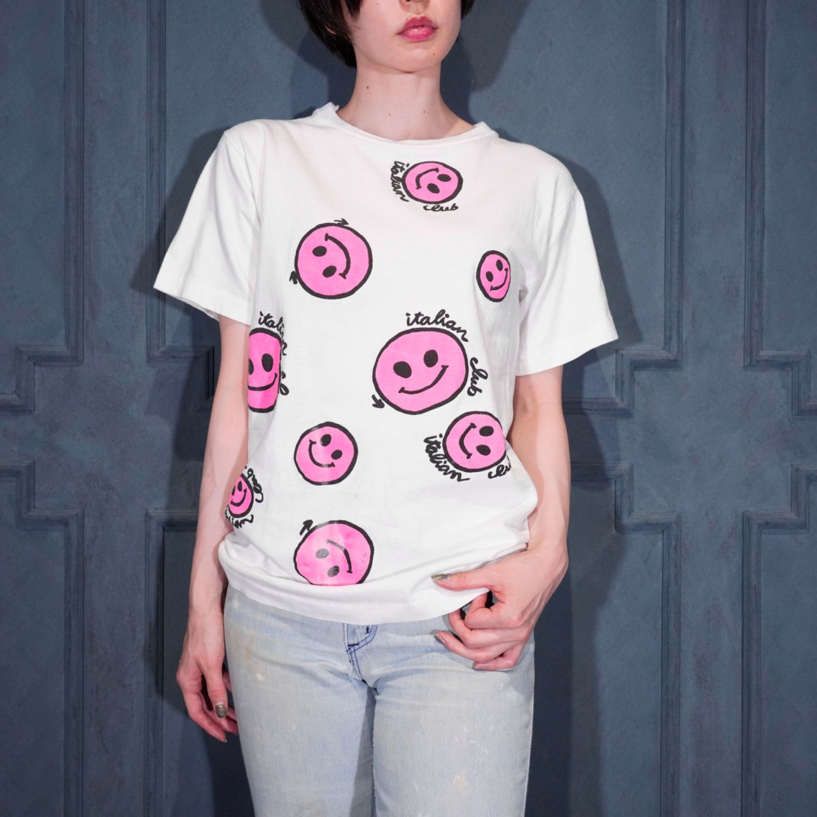 90's USA VINTAGE italian CLUB SMILEY PRINT DESIGN T SHIRT/90年代アメリカ古着スマイリープリントデザインTシャツ