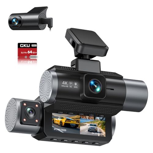 GKU 【3カメラ 4K ドライブレコーダー超強暗視】 5GHz高速Wifi 小型 ドラレコ 3インチIPS WDR搭載 360° 前後カメラ 4K+2.5K 一体型 超?夜? 同時録画 170度超広角 赤外線暗視 24時間駐車監視 Ｇセンサ e5682db7