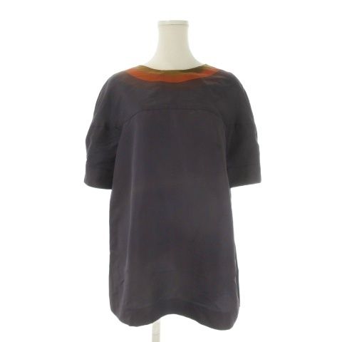 プラダ PRADA シャツ ブラウス 絹 シルク 38 紺 ネイビー ラウンドネック 半袖 P9256 /CK39 ■GY62
