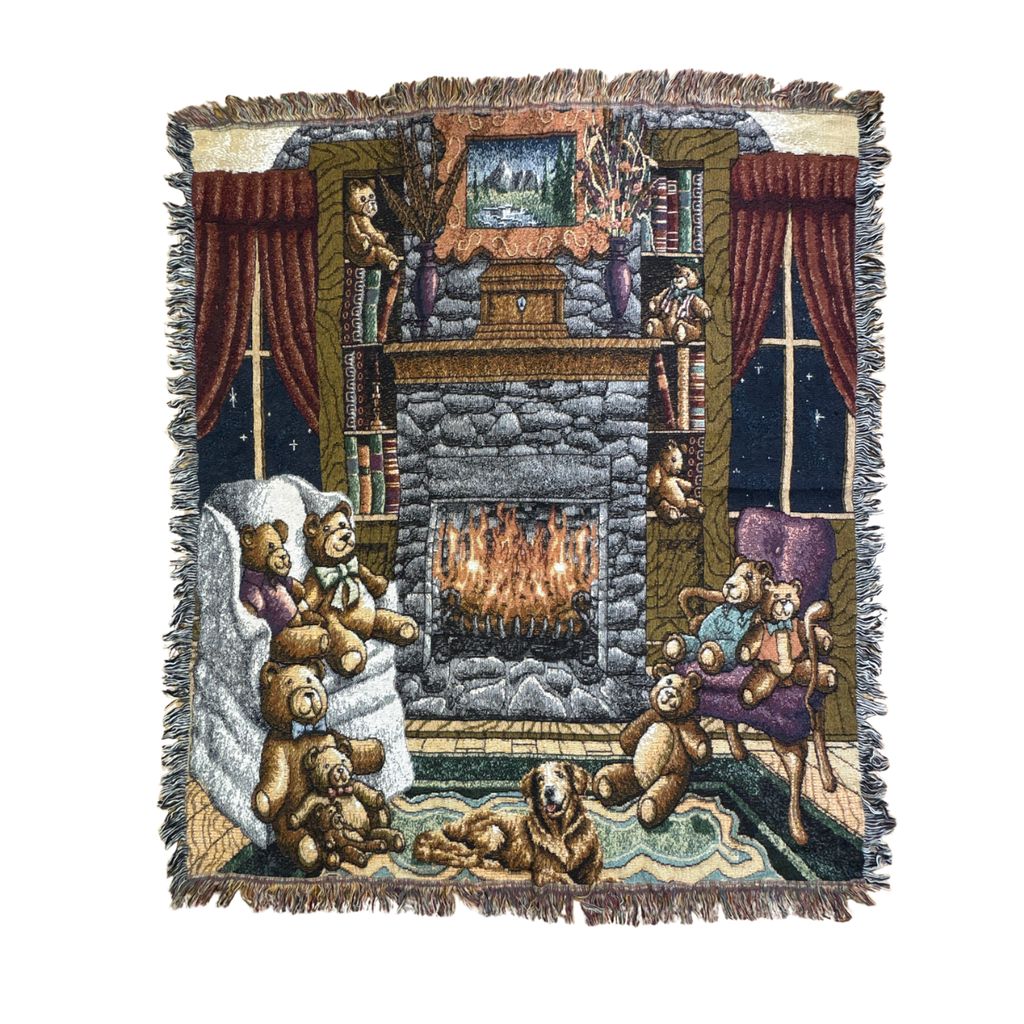 vintageラグ ブランケット マルチカバー タペストリー テディベア クマ アニマル 暖炉 Rug Blanket Bear Fireplace 2886