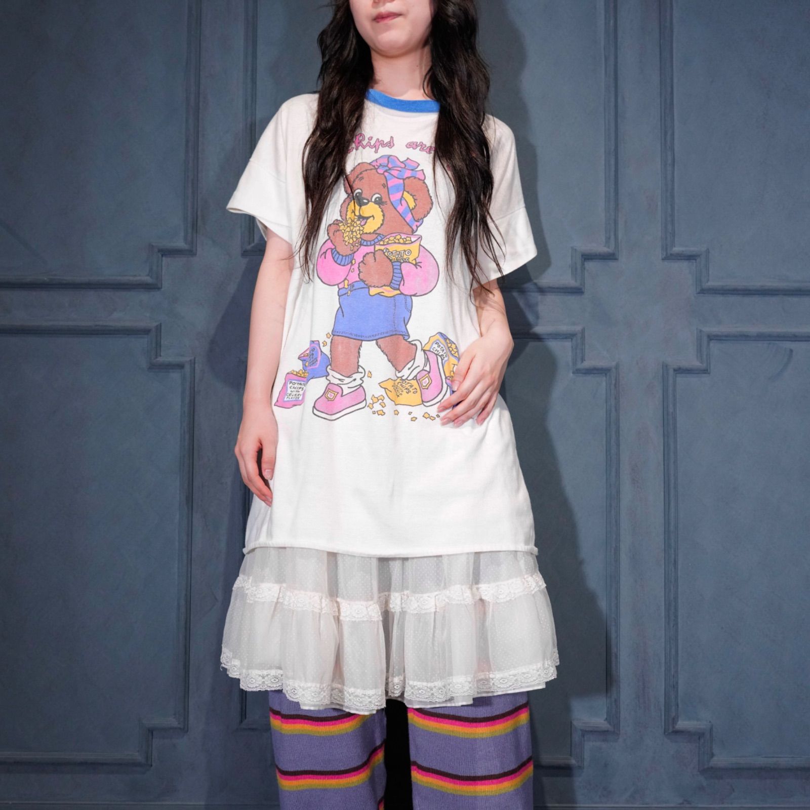 90's USA VINTAGE PATATO CHIPS ARE VEGETABLES DESIGN RINGER T SHIRT/90年代アメリカ古着ポテトチップスは野菜プリントデザインリンガーTシャツ