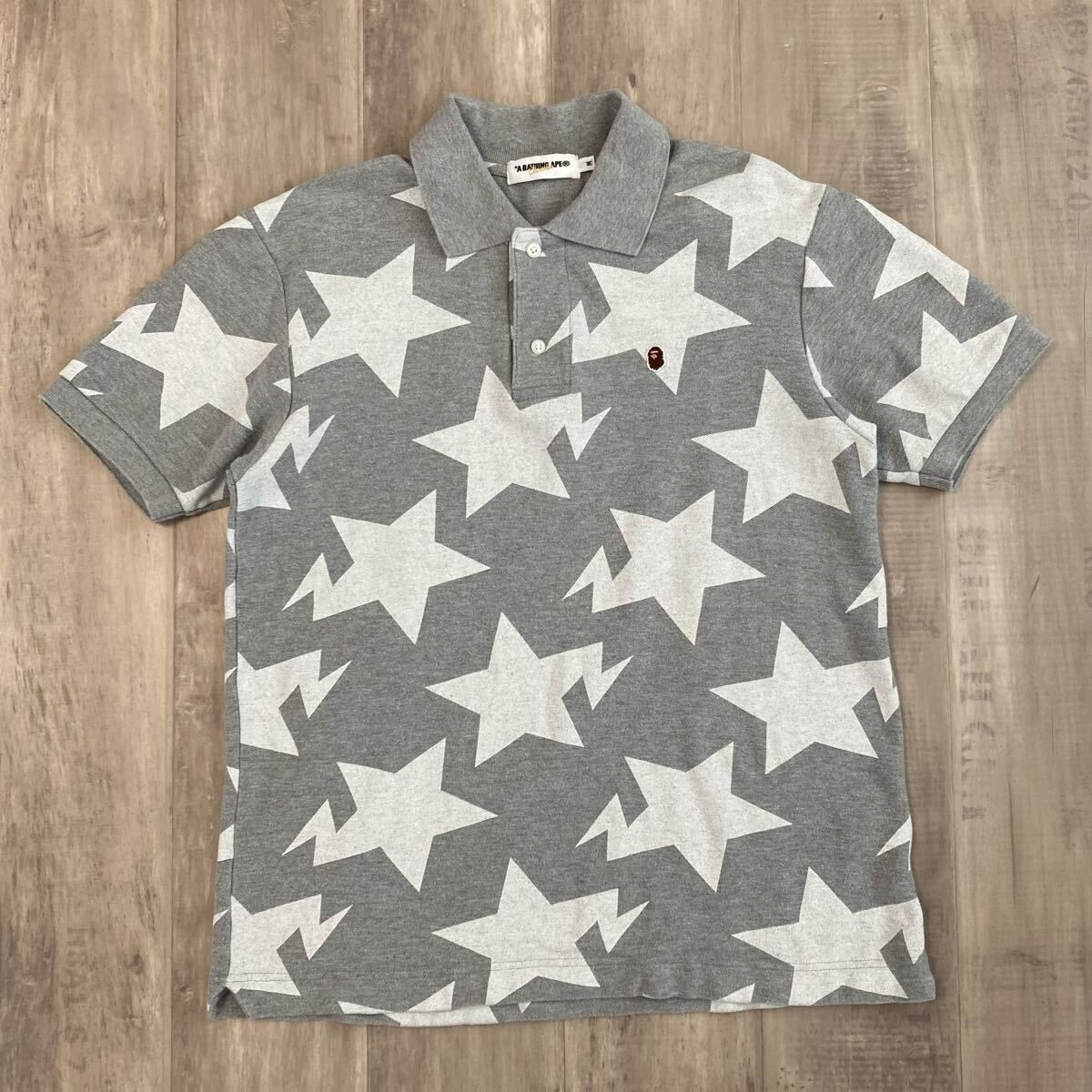 BAPE スター ポロシャツ Mサイズ グレー × ホワイト a bathing ape star BAPE STA エイプ ベイプ アベイシングエイプ NIGO y7744