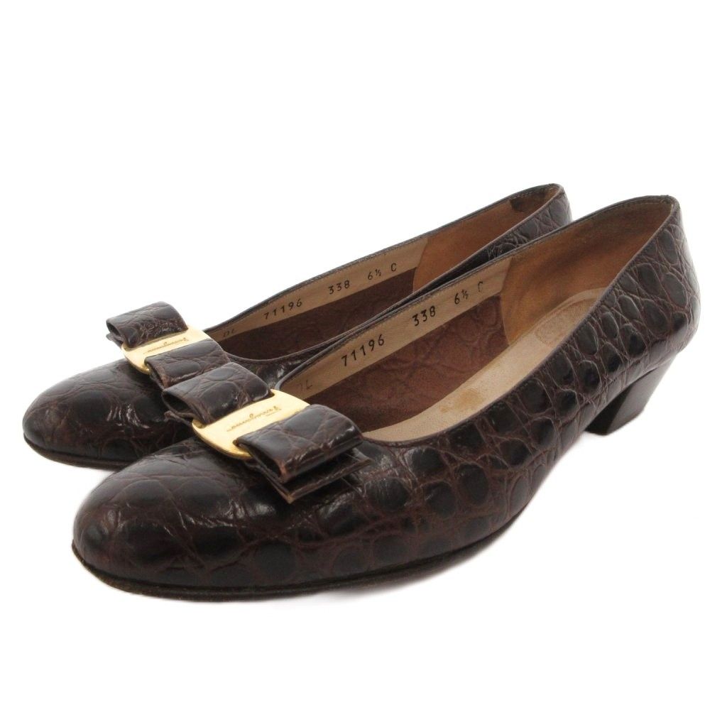 サルヴァトーレフェラガモ Salvatore Ferragamo ヴァラエイボン パンプス クロコ型押し レザー 6.5 茶 ブラウン /FF ■GY62
