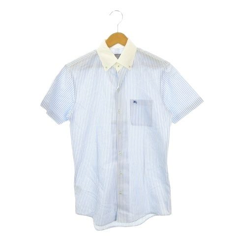 バーバリーブラックレーベル BURBERRY BLACK LABEL シャツ ボタンダウン リネン混 麻 M 青 ブルー ストライプ柄 クレリックカラー 半袖 D1L62-727-22 /AH3 ■GY62