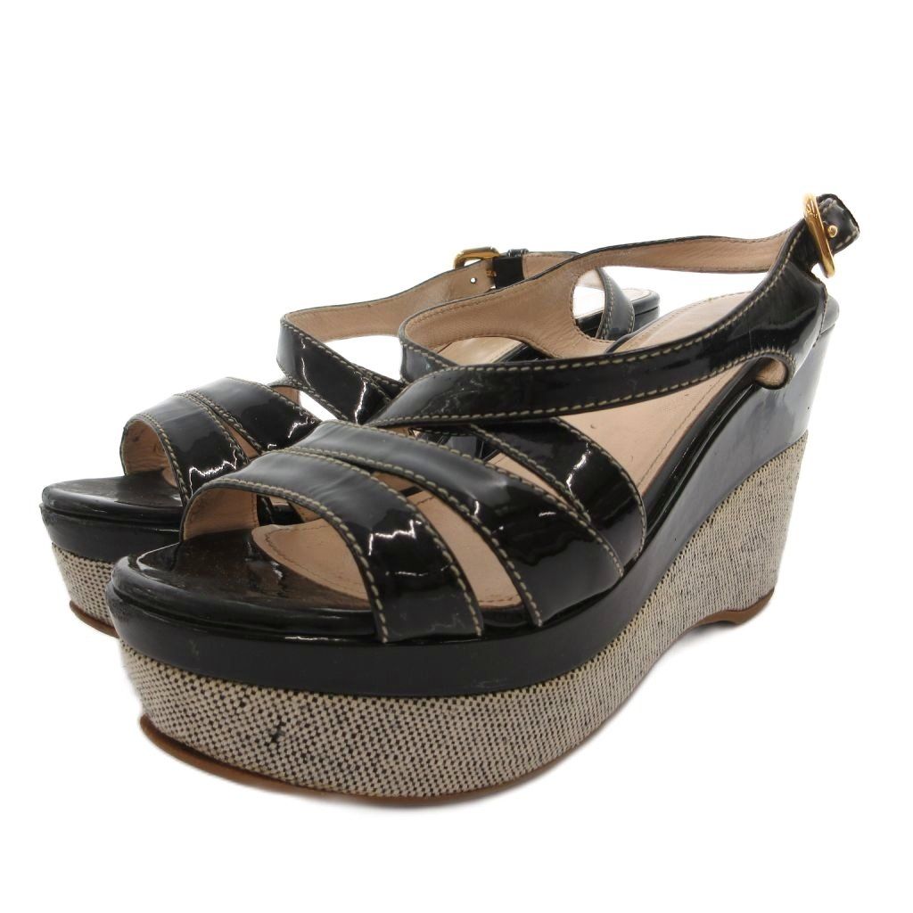 プラダ PRADA ウェッジソール サンダル 厚底 ストラップ エナメル 36.5 黒 ブラック /FF ■GY62