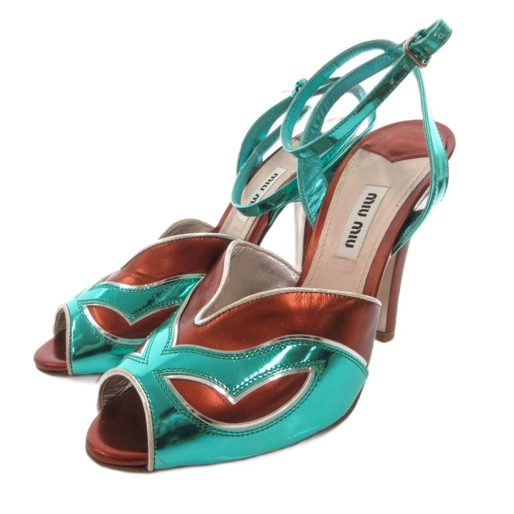ミュウミュウ miumiu パンプス ハイヒール オープントゥ エナメル ストラップ 35.5 緑 グリーン 茶 ブラウン /FF ■GY62