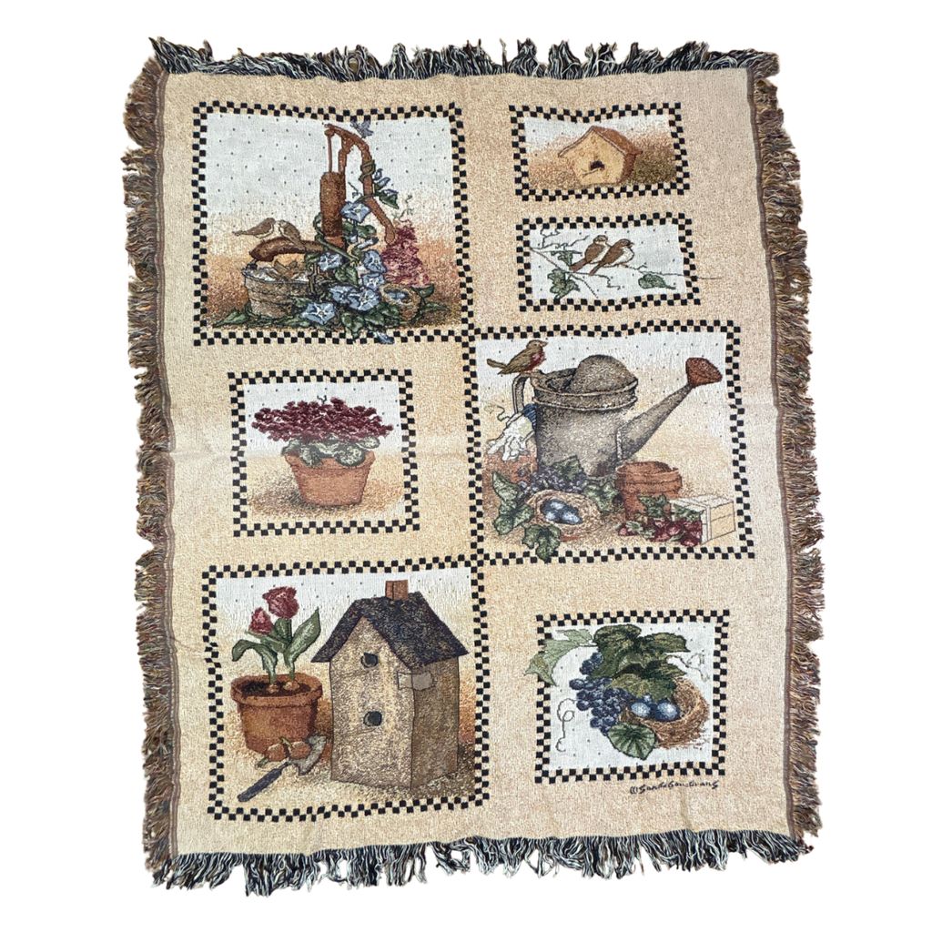 vintageラグ ブランケット マルチカバー タペストリー ガーデニング カントリー フラワー 鳥 Rug Blanket Country 2901