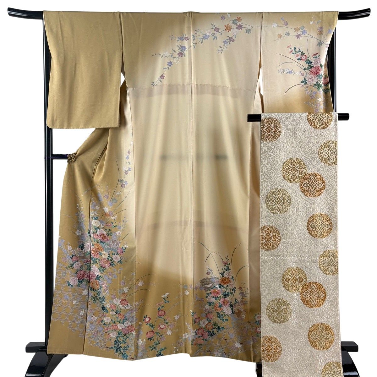 訪問着 身丈161.5cm 裄丈67cm M 袷 袋帯セット 菊 光悦垣 金糸 金彩 薄黄土色 正絹 名品 【中古】