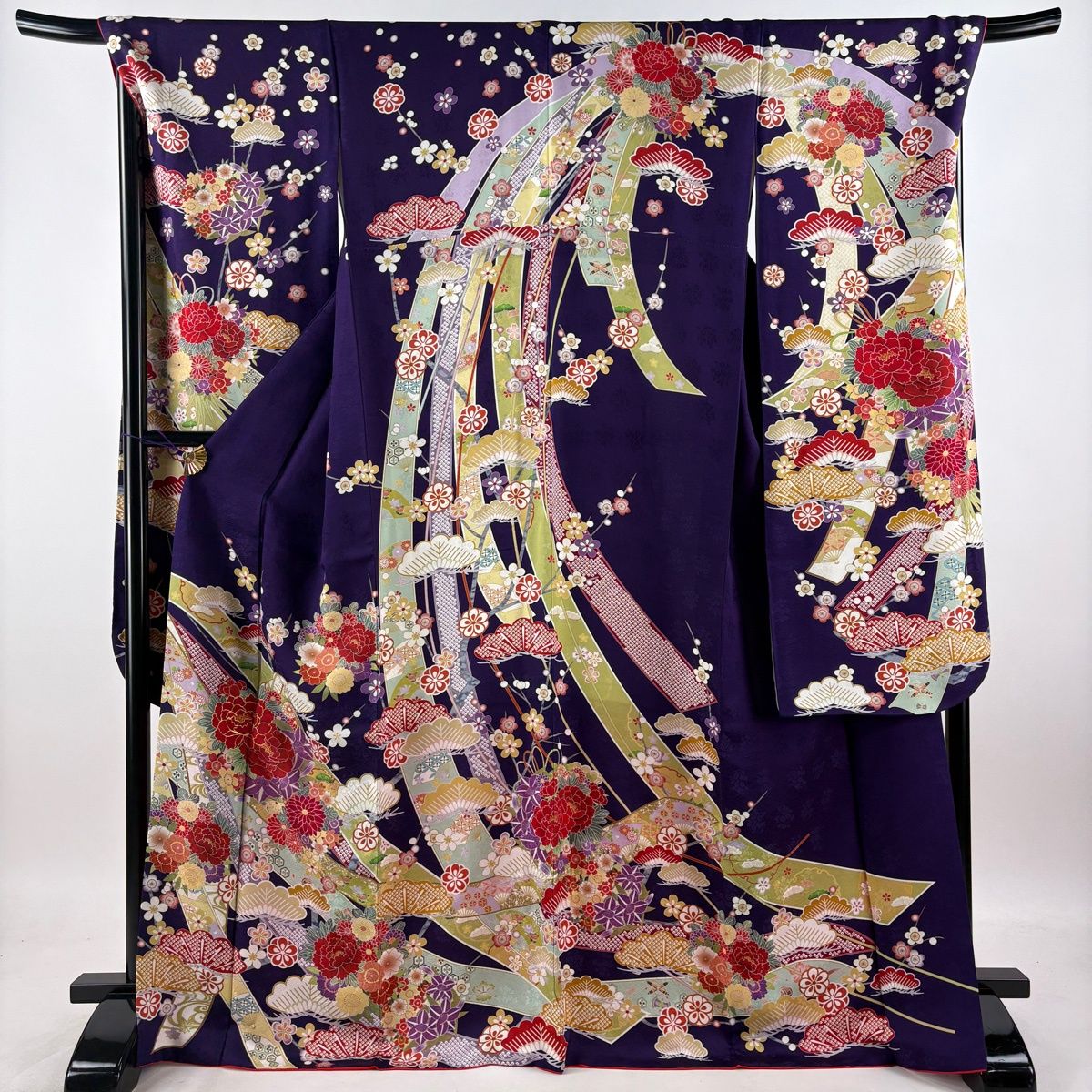 振袖 身丈168.5cm 裄丈67.5cm L 七宝 金糸金通し 朱色正絹名品 振袖 身丈168.5cm 裄丈69cm L 袷 袋帯フルセット 熨斗 牡丹 金糸 金彩