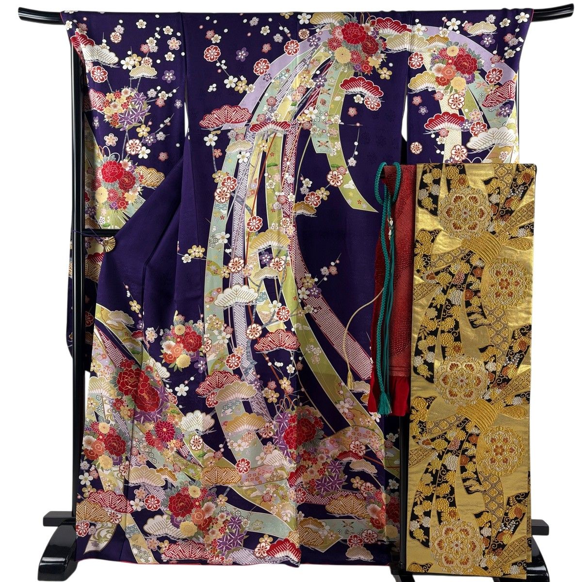 振袖 身丈168.5cm 裄丈69cm L 袷 袋帯フルセット 熨斗 牡丹 金糸 金彩