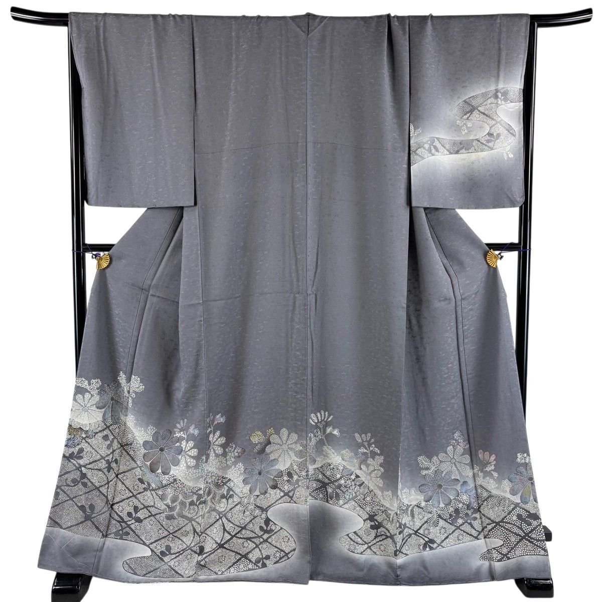 訪問着 身丈169cm 裄丈69cm L 袷 草花 霞 ぼかし 灰紫 正絹 秀品 【中古】