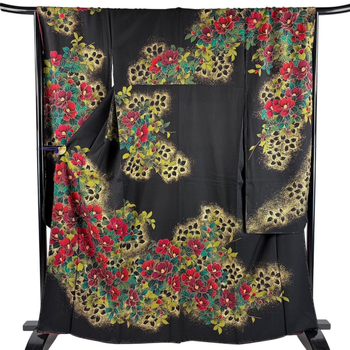 【美品】 振袖 身丈165cm 裄丈69cm L 袷 草花 金彩 黒 正絹 秀品 【中古】