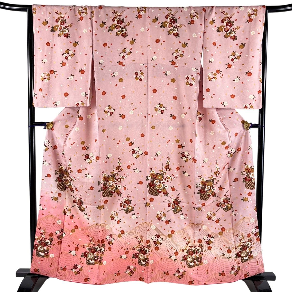 訪問着 身丈161.5cm 裄丈67cm M 袷 花籠 波 金彩 ぼかし ピンク 正絹 秀品 【中古】
